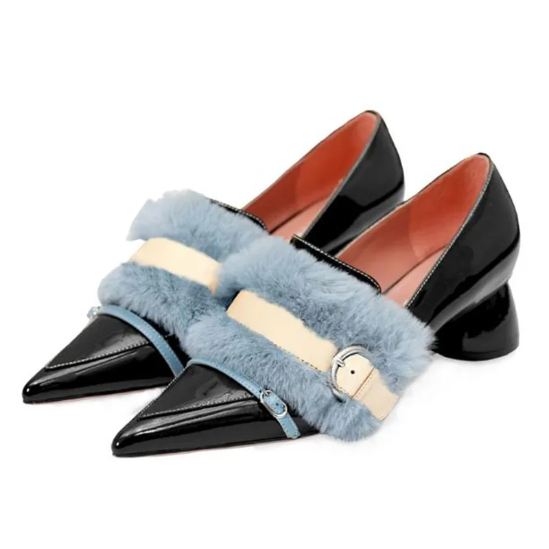 Spring new thick heel women's shoes Pointed big size high heels female Fashionable feather shoes Heels women pumps
