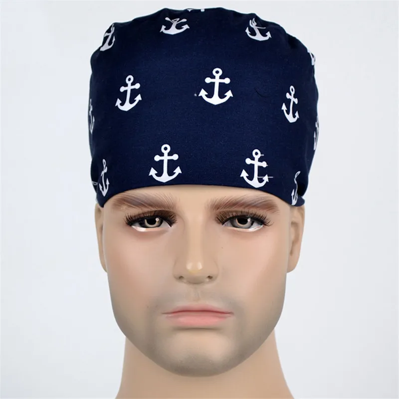 

Deep Navy Anchor Print Surgical Scrub Caps Men Medical Surgeon Work Hats Tieback Skull Adjustable Hat 100% Cotton Nurse Cap