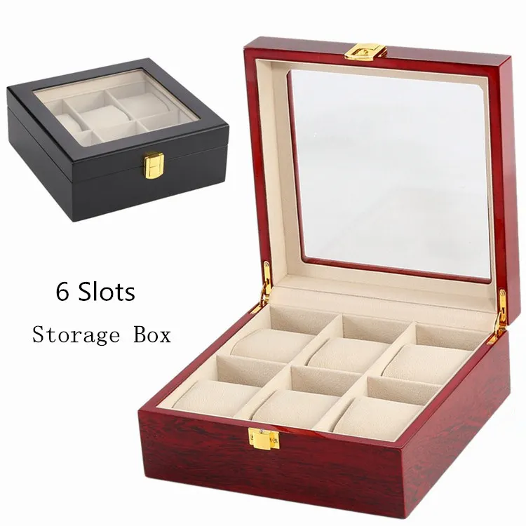 

6 Slots Black Color Watch Storage Box Red MDF Watch Display Case Mens Package Jewelry Gift Box Collection With Window C026