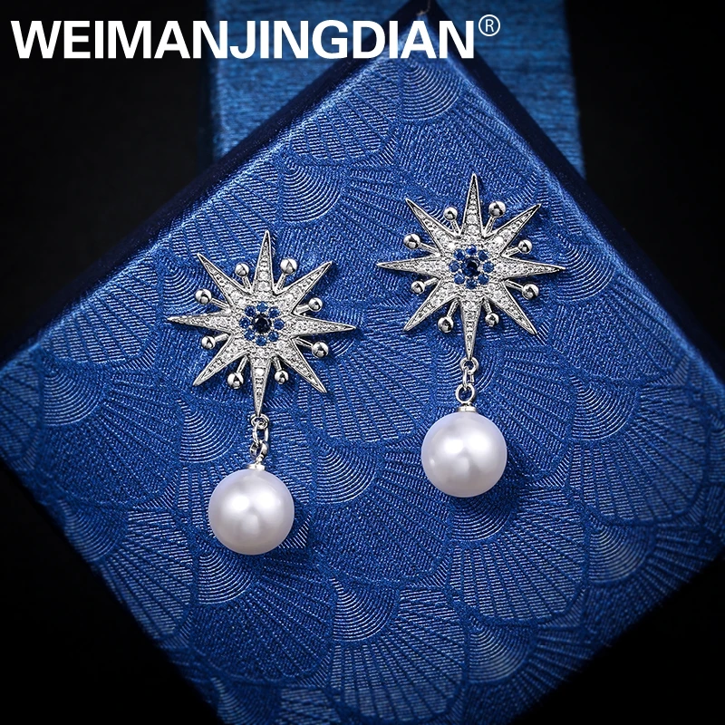 WEIMANJINGDIAN New Arrival Starburst and Simulated Pearl Cubic Zirconia CZ Crystal Dangle Drop Earrings for Women