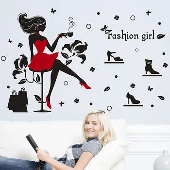 

Pretty Red Dress Girl Wall Sticker Fashion Shopping girl Wall Decals For Girl Room Clothes Shop Glass Window Decoration Stickers