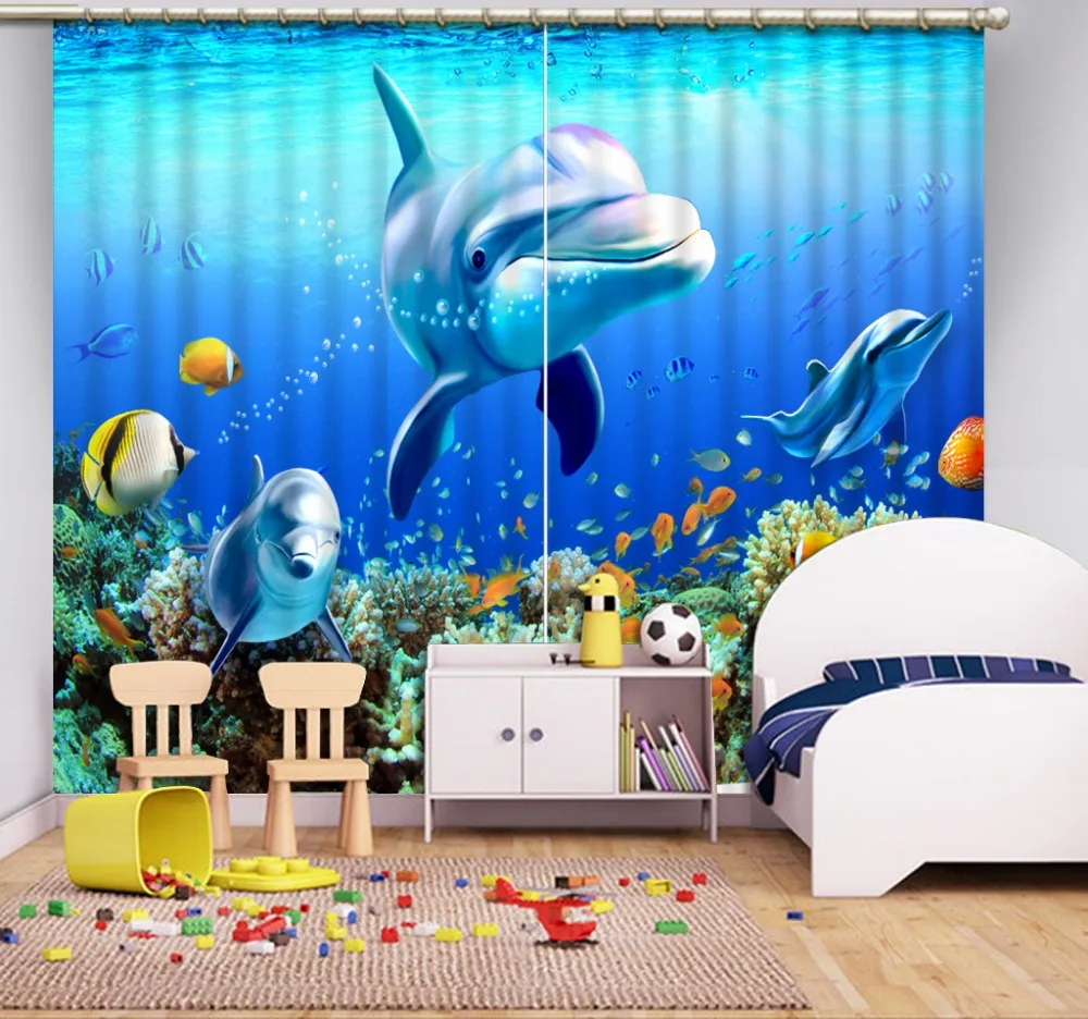 

custom curtains curtains 3d Dolphin underwater world of coral home bedroom decoration kids room window curtains