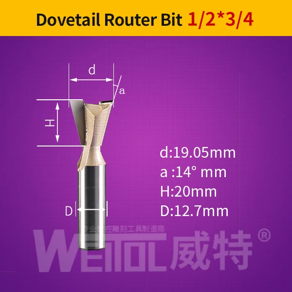 Weitol 1 шт. 1/2 или 1/4 дюймов ласточкин хвост бит резец древесины фрезерный станок с ЧПУ деревообрабатывающий фрезерный станок бит резной инструмент - Длина режущей кромки: 1234