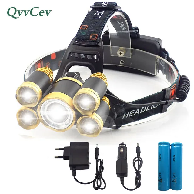 Super Bright Zoom Head Light Torch Camping 5 Led Headlamp Forehead