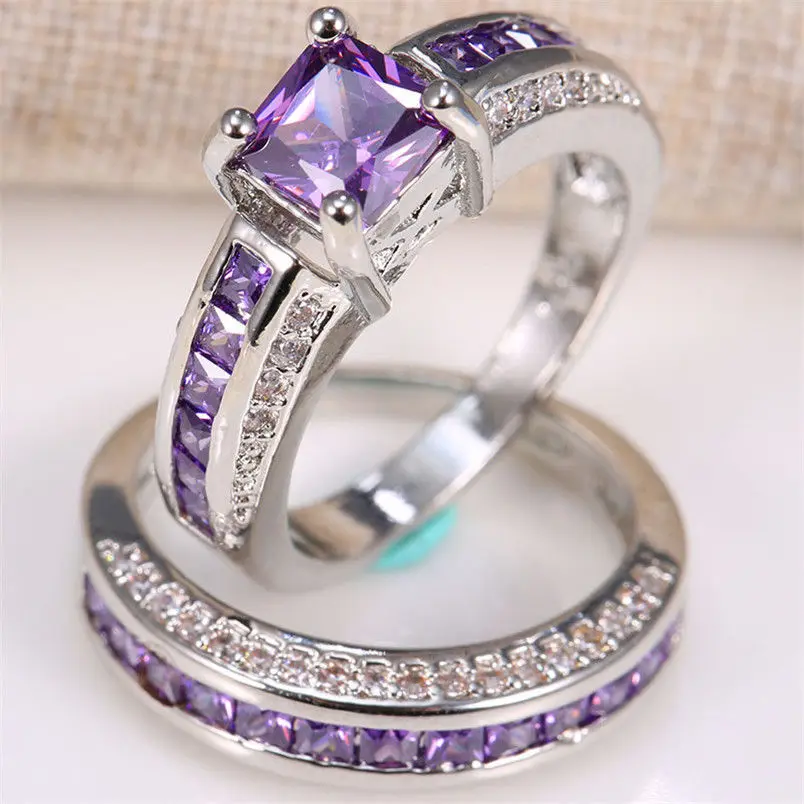 Inlaid Square Purple Crystal Zircon Princess Rings Set Trendy Ladies Full Zircon Engagement Ring