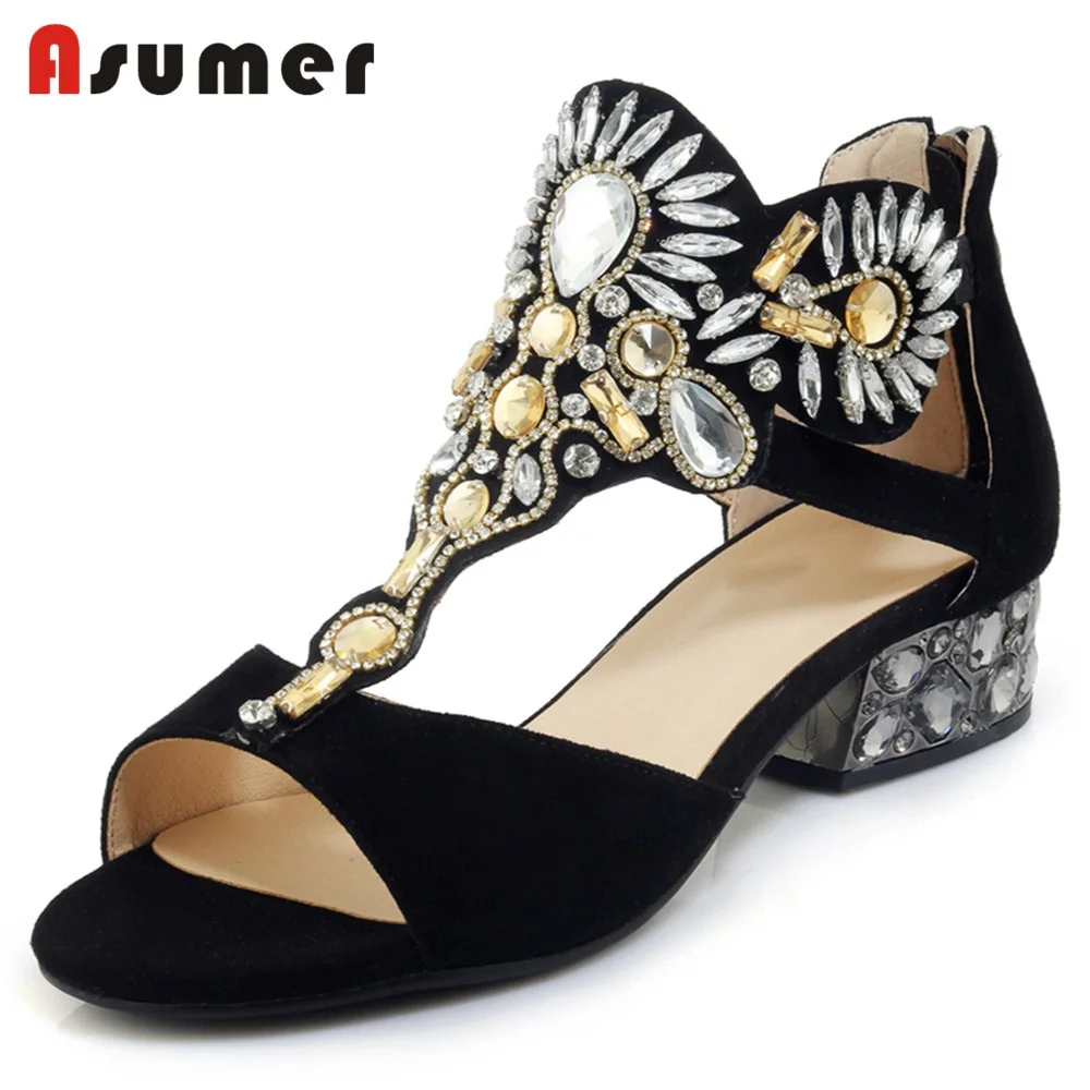 Negro Talones Cuero Caliente 40 Moda Cordón Tamaño 2018 Asumer 33 De Suede Sandalias Mujeres Verano Zapatos Rhinstone Fiesta Med Cuadrado HxSRF4