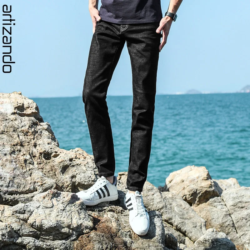

Artizando Men's Jeans Comfortable Leisure Slim Straight Pants 2017 Trousers Elastic Casual Men Denim Jeans Cuffs Black Color