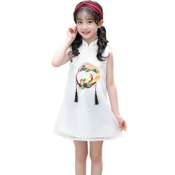 

2018 summer children's dress big girls Chinese style embroidery sleeveless dresses cotton mesh Cheongsam dress