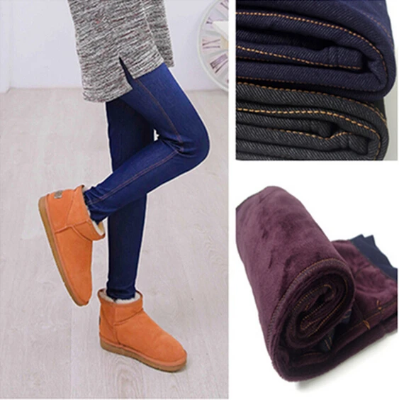 

2019 Winter Warm Jeans Leggings Women Thicken Warm Pants Fashion Fleeces Inside Denim Trousers Footless Leggings With Pockets