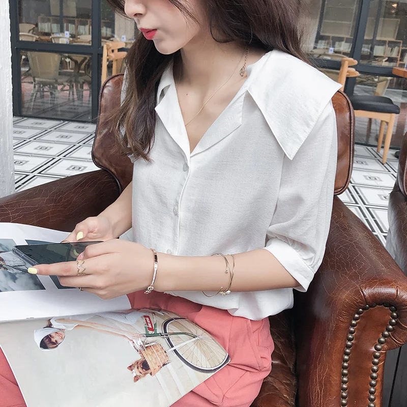 

Mishow Female Chiffon Blouse Summer Long Sleeve turn down collar Shirt Women V Neck Button Blouse Casual white Shirt MX19B4926