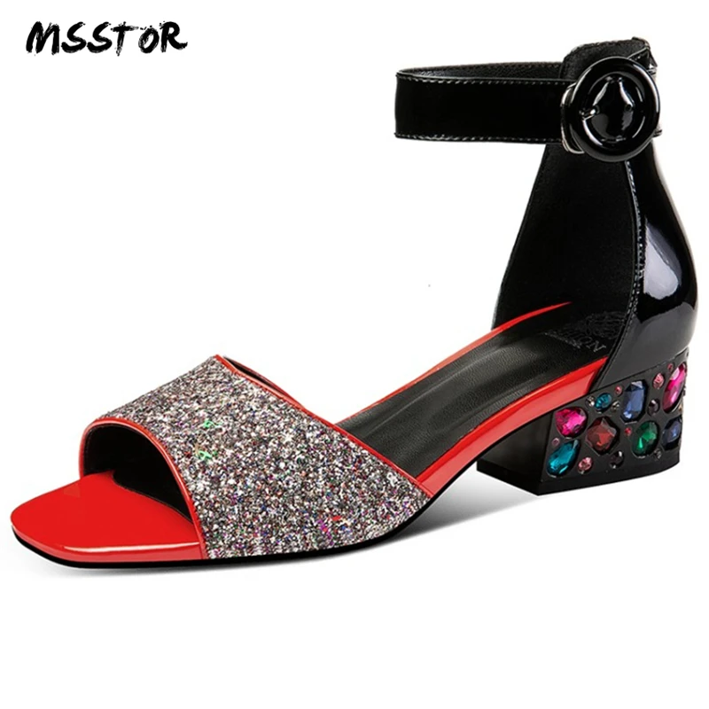 

MSSTOR Bling Crystal Open Toe Heels Fashion Sexy Plus Size Leather Party Women Summer Sandals Buckle Strap Ladies Shoes 2019