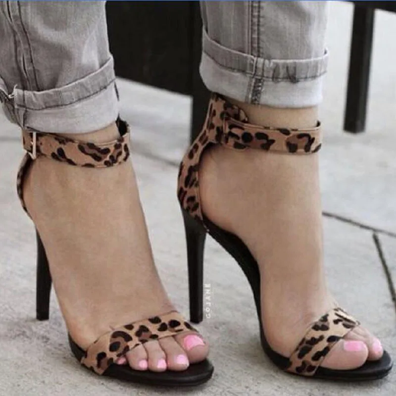 High Heels Women Shoes Sexy Leopard Buckle Strap Open Toe Sandals Ladies Fashion Stiletto Party 