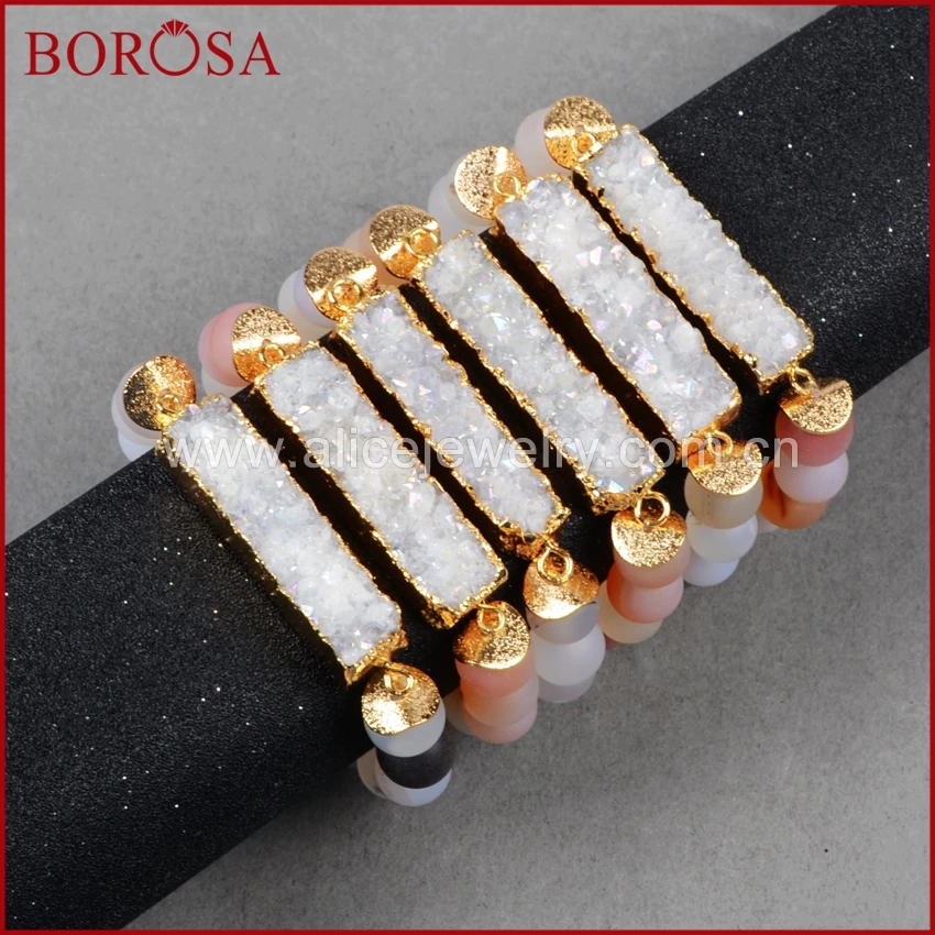 

BOROSA Gold Color Natural Crystal Druzy Bracelet rectangle AB color &10mm Frosted colorful Crystal Druzy Beads bracelet G0608