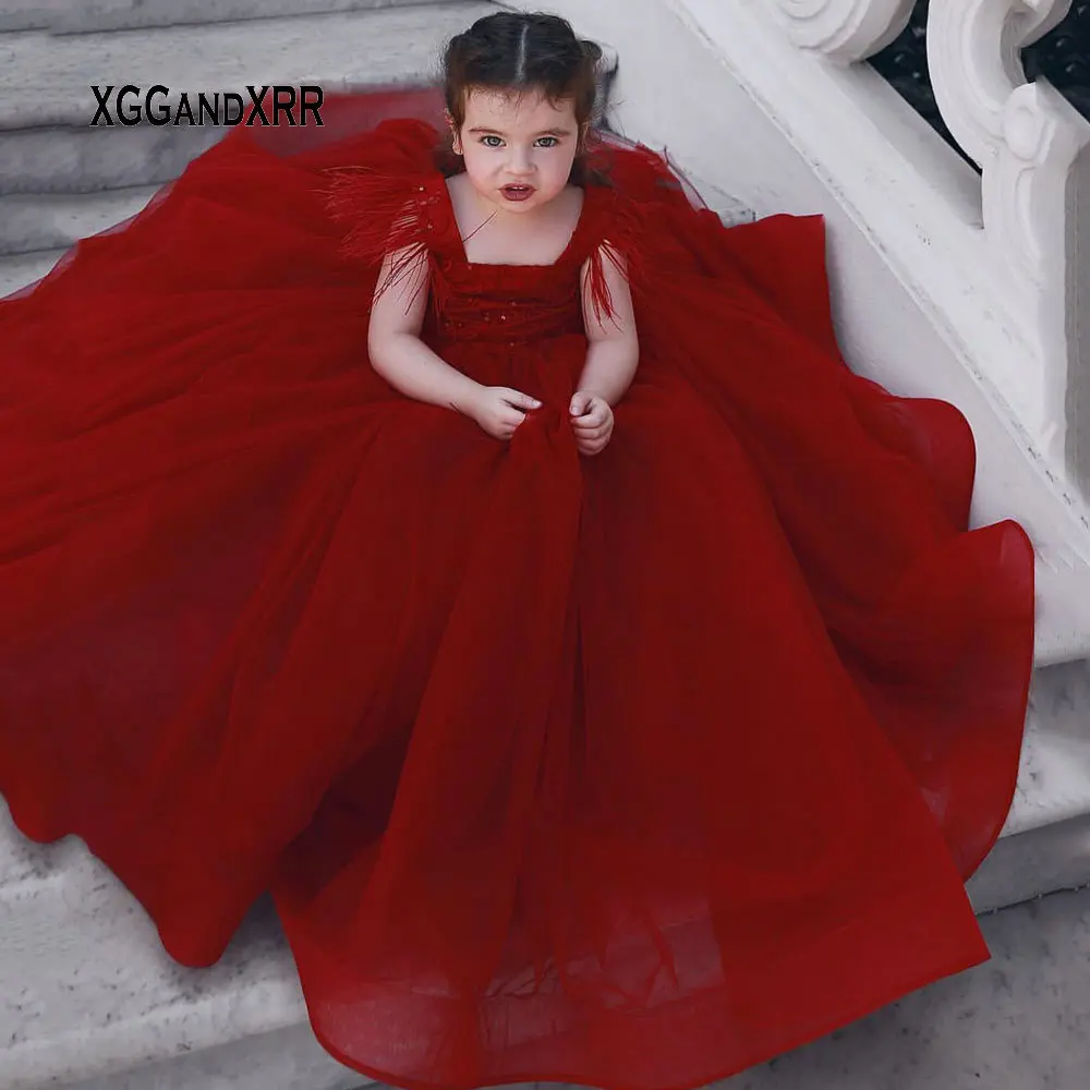 Luxury Ball Gown Flower Girl Dress Burgundy Square Feather Shoulder Sequins Long pageant dresses for girls First comunion