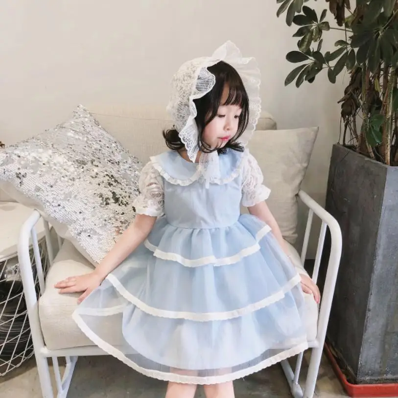 

Toddler girls princess light blue dress children lace patchwork short sleeve cupcake dress birthday clothes party dress ws589