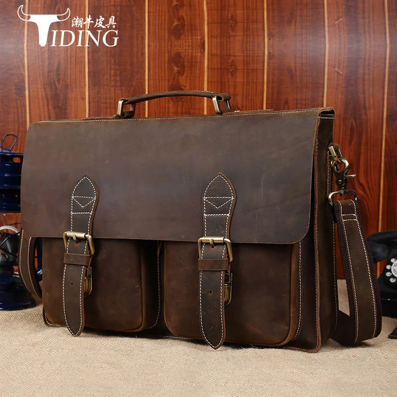 

Genuine Leather TIDING Luxury Men Messenger Bag Handbags Briefcase Shoulder Bag Cowhide Leather Business Laptop Crossbody Bag