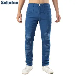 Для мужчин отверстия рваные джинсы стрейч Повседневное slim fit Проблемные Джинсы Синий черный, красный
