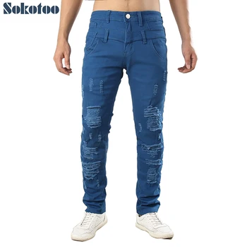 

Men's holes ripped stretch jeans Casual slim fit distressed denim pants Blue Black Red