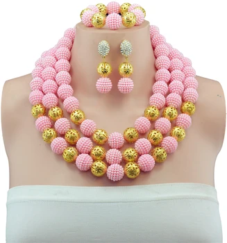 

Beautiful Pink Imitation Pearl Nigerian Wedding African Beads Jewelry Set Beaded Chunky Jewelry Set for Women Free Shipping