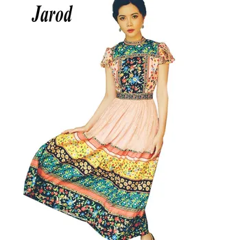 

Newest Designer Runway Long Maxi Women Dress 2018 Summer Chiffon Patchwork Lace Printed Floral Short Sleeve Slim Dress