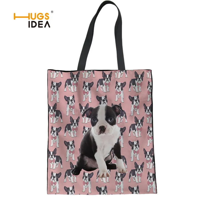 

HUGSIDEA Youth Girls Pink Storage Handbags Bull Terrier 3D Print Cute Animal Linen Tote Bags Canvas Women Large Travel Bag Bolsa