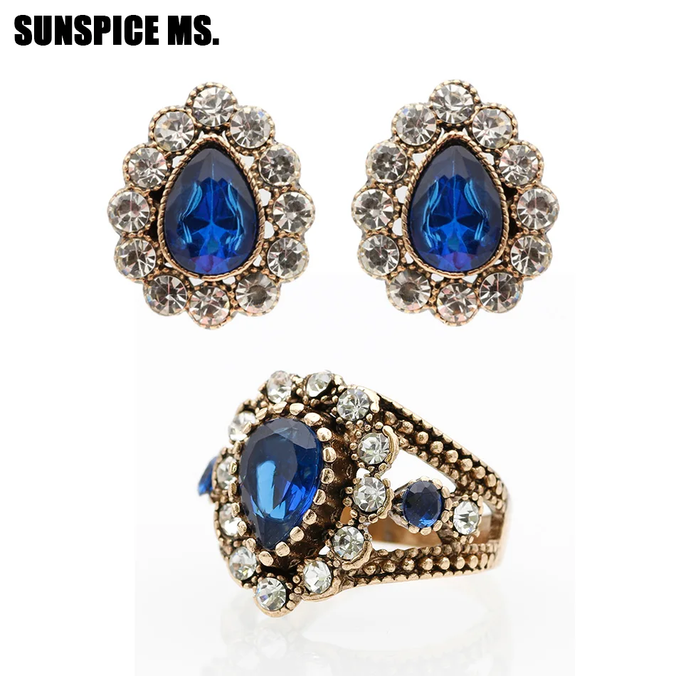 

New Bohemia Water Drop Resin Earring Ring Jewelry Sets Antique Gold Color Turkish Ethnic Crystal Wedding Jewelry Wholesale 2018
