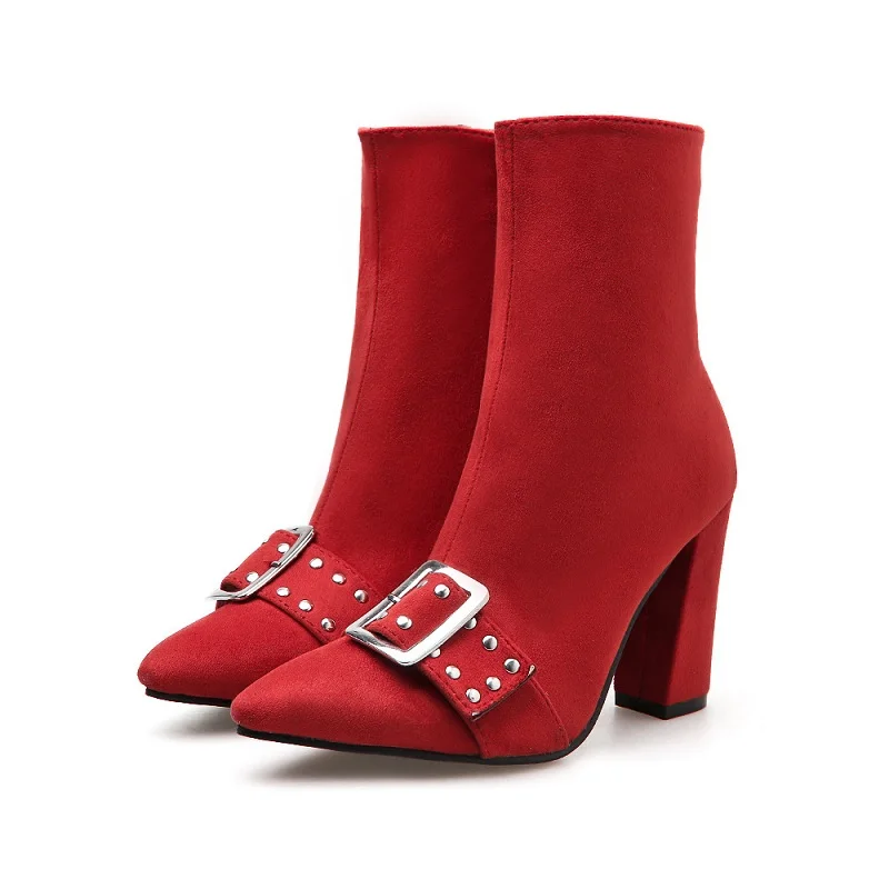 

2018 winter new suede boots foreign trade models pointed thick with rivets women's boots red 0110