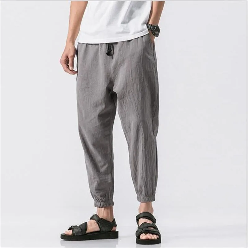 Men 2019 Summer Ankle-Length Pants Loose Cotton Linen Solid Harem Pants Casual Trousers 7 Color Plus Size Men Pants M-6XL