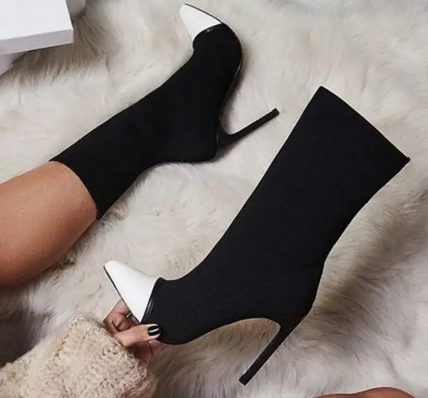 

bota feminina neweat white pointed toe sexy Stretch boots 12 cm high heels ankle boots for women mixed colors chaussures femme