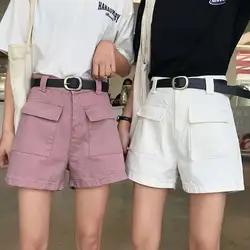 Harajuku 2019 Лето Для женщин джинсы Шорты Высокая талия плюс Размеры Белый Розовый Большой джинсовые шорты с карманами шорты в уличном стиле femme
