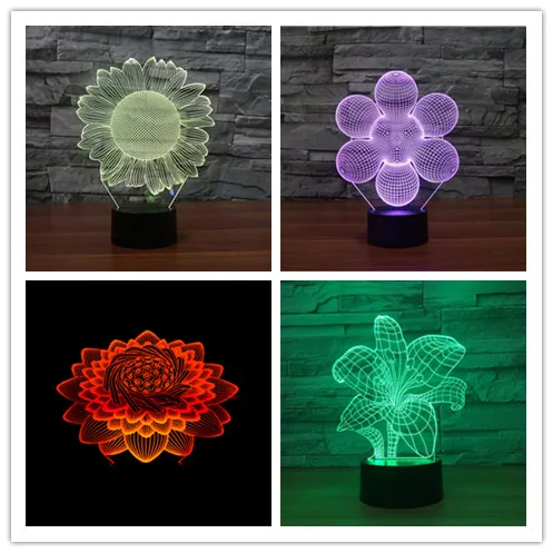 Подсолнух Лотос Лилия LED 3D лампа 7 цветов Изменение ночник дистанционный