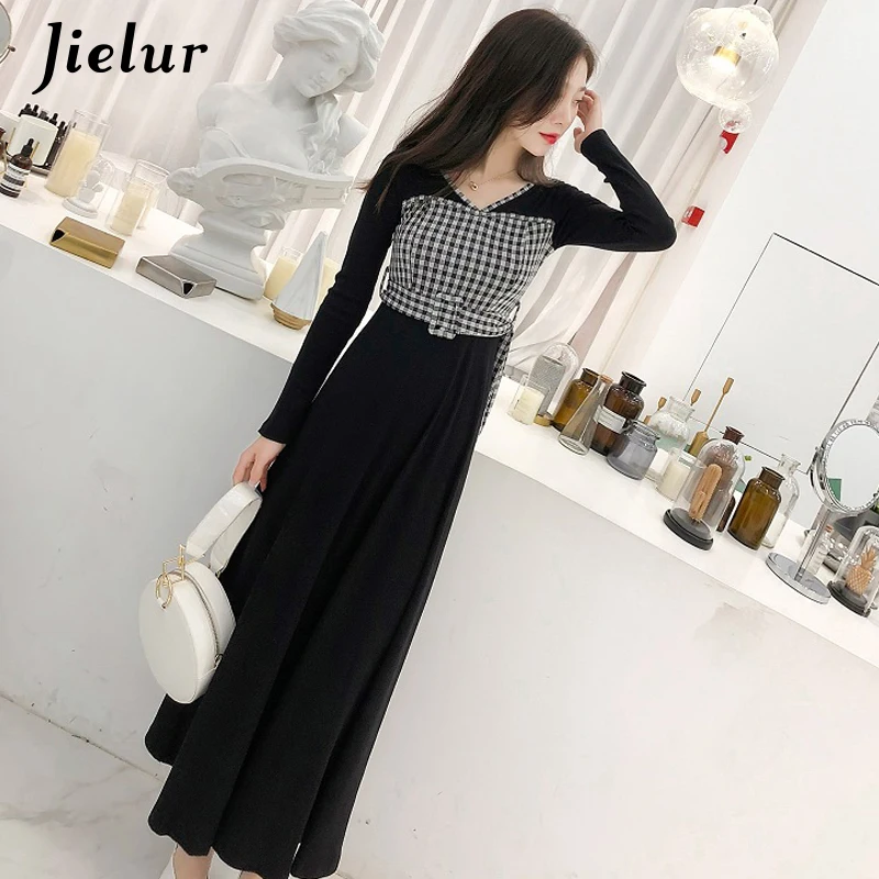 

Jielur New Knitted Dress V-Neck Winter Autumn Vintage Plaid Spliced Dresses For Women Chicly Elengant Skinny Korean Long