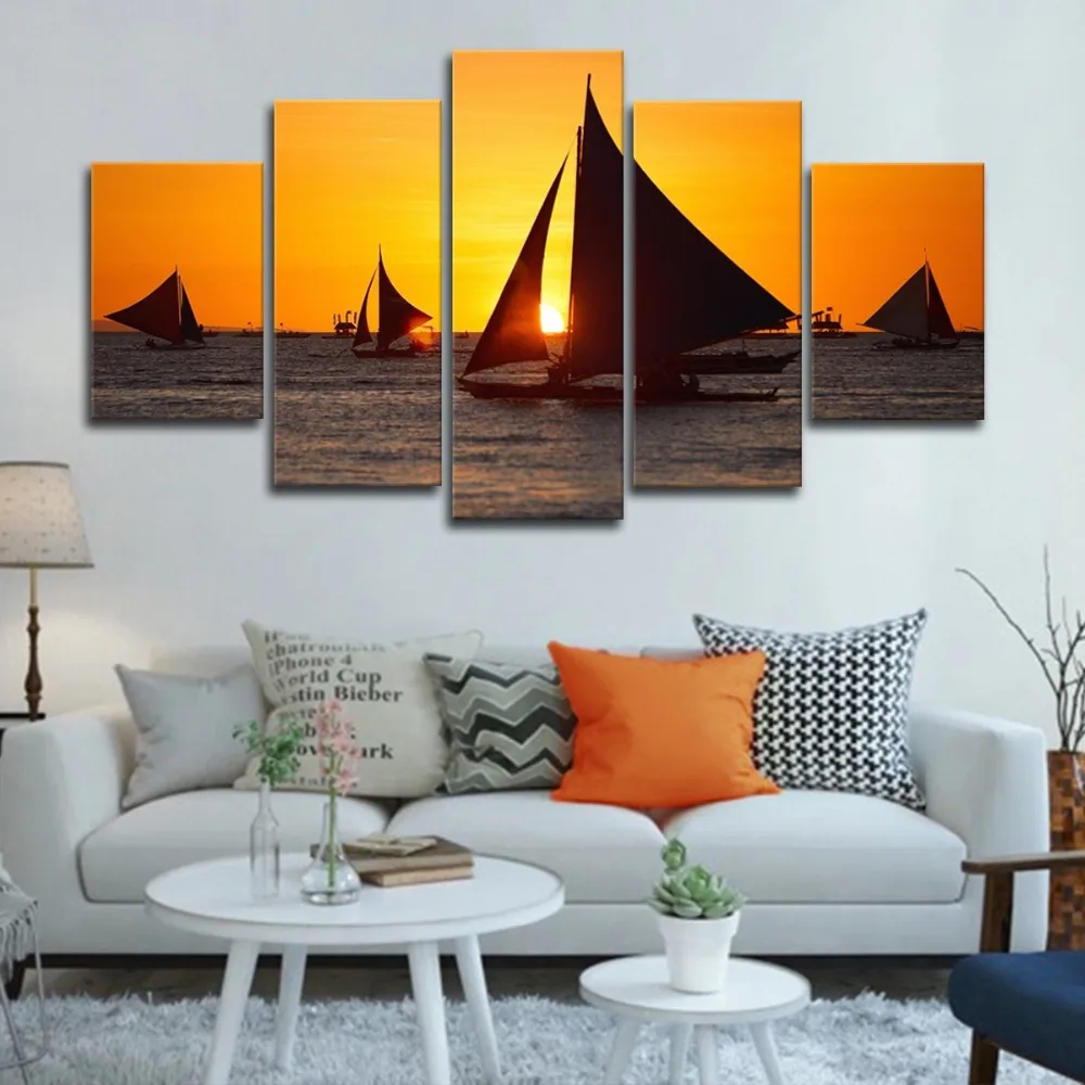 

Wall Art Canvas Pictures 5 Pieces Sailboat On The Sea Sunset Seascape Paintings Modular HD Prints Poster Frame Decor Home Room