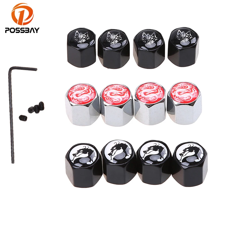 

POSSBAY Anti Theft Car Wheel Tire Valve Caps Auto Tyre Air Stem Cap Wolf/Red Dragon/Black Dragon Logo for VW Honda Kia BMW Audi
