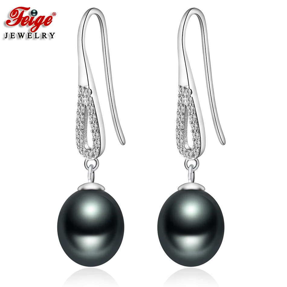 

Vintage Black Pearl Long Drop Earrings for Woman Party Jewelry Gifts 8-9MM Freshwater Pearl Anti-allergy Earring Wholesale FEIGE