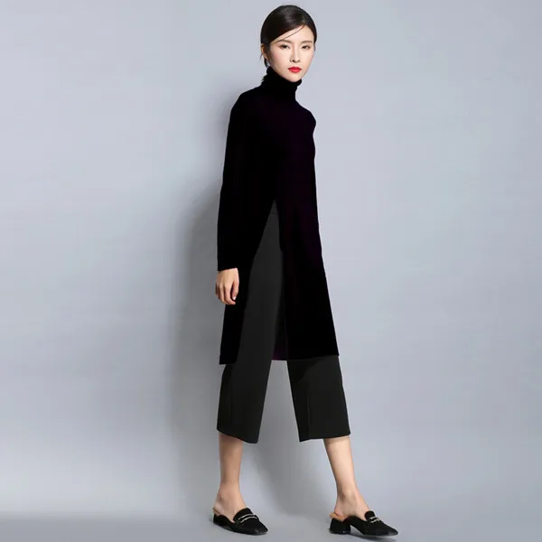 Модный свитер с высоким воротом, Женский Топ с длинным рукавом, вязаные свитера, пуловеры с высоким разрезом, Повседневная вязаная одежда, однотонная женская одежда - Цвет: Черный