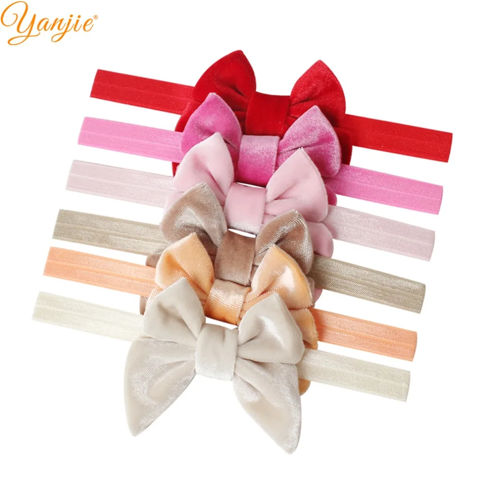 

12pcs/lot 3'' Velvet Bow 15mm Solid FOE Headbands For Girls 2019 Velvet Sailor Hair Bow Elastic Hair Band Kids Hair Accessories