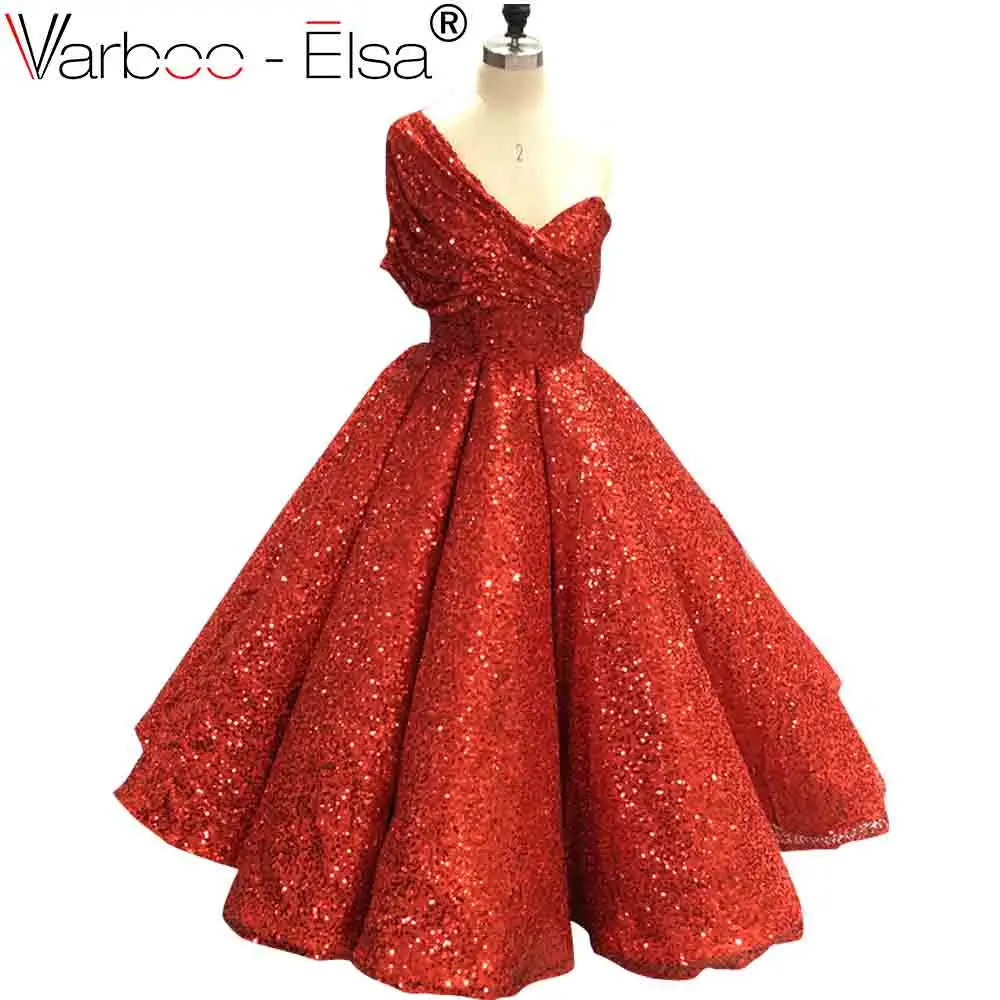 VARBOO_ELSA красное блестящее бальное платье на одно плечо сексуальные платье для выпускного вечера в арабском стиле Дубай Формальное вечернее платье вечерние элегантные вечерние платья - Цвет: Красный