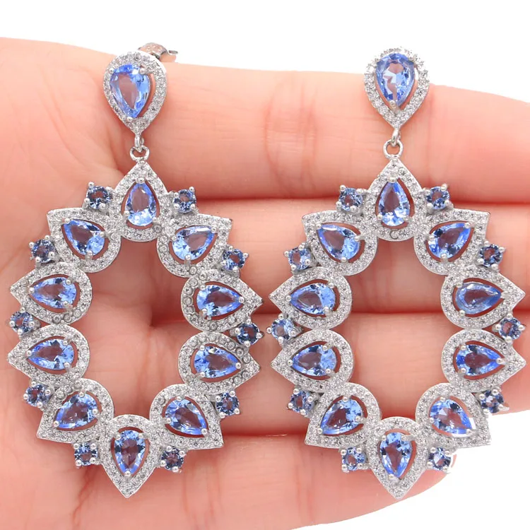 

Long Big Rich Blue Violet Tanzanite White CZ Woman's Engagement 925 Silver Earrings 58x35mm