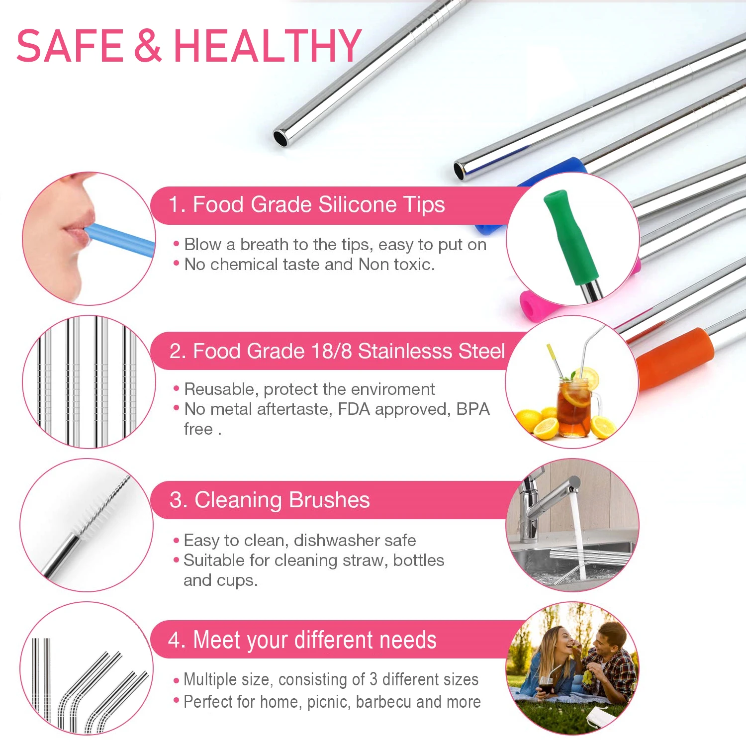 Stainless Steel Metal Straws Reusable Drinking Straws with Food Grade Silicone Straw Tips for 20/30 Oz Yeti Tumblers