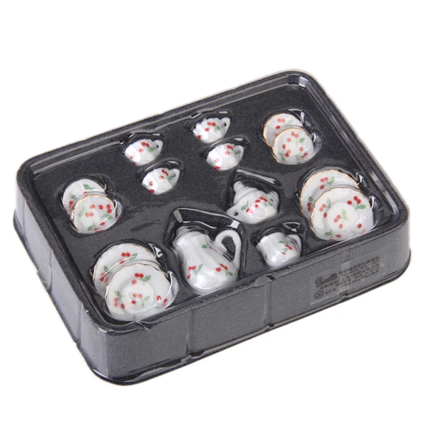 15pcs Dollhouse Miniature Dining Ware Porcelain Tea Set Dish Cup Red Cherry