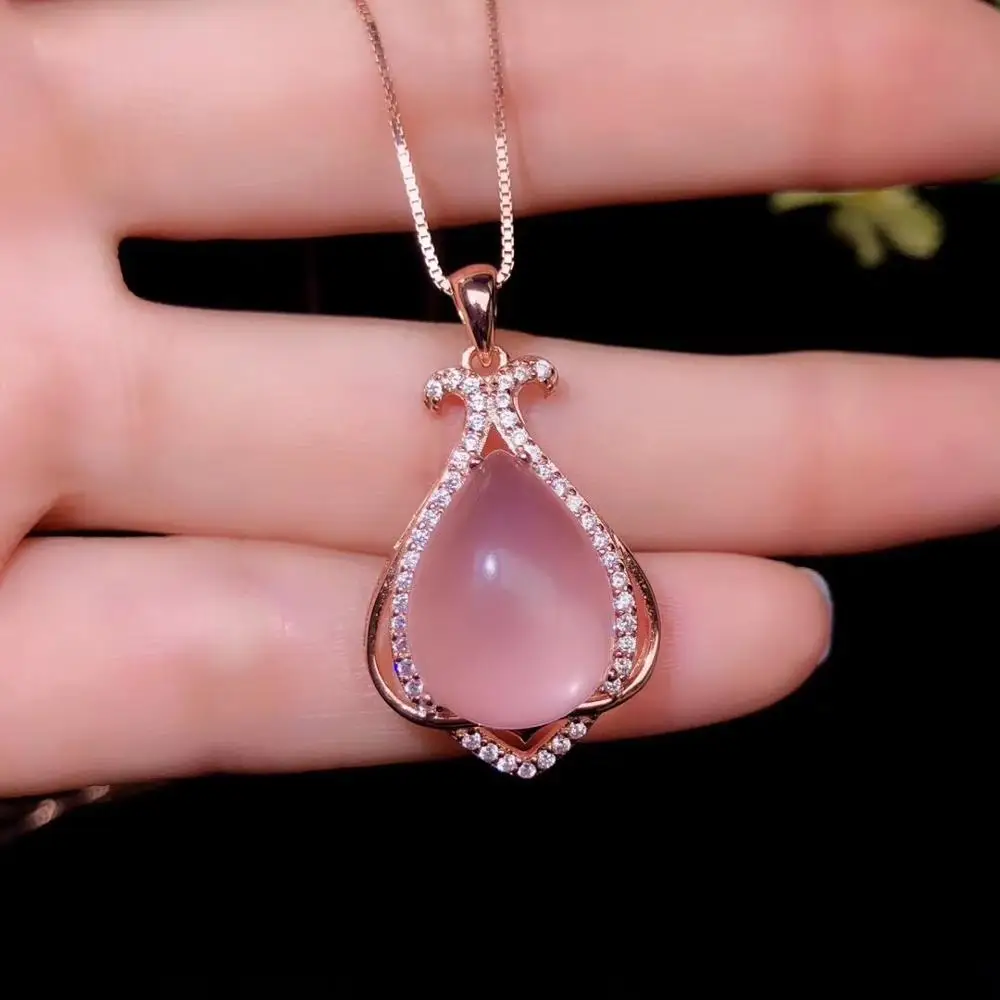 

Big Size Classic pink Rose Quartz pendant for necklace Real 925 Silver Rose Gold plated Women Good Gift