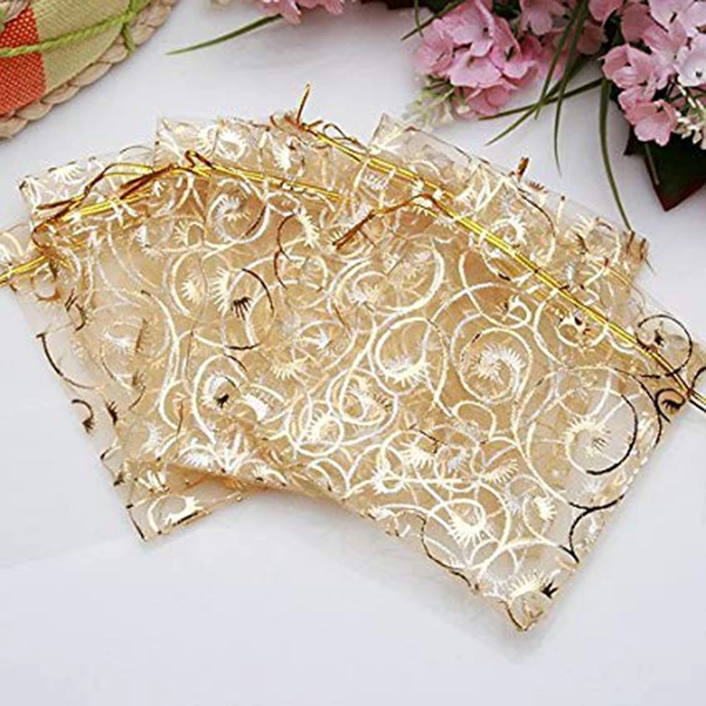 

Champagne Mesh Storage Bag Gold Drawstring Gift Bags Party Wedding Festival Favor Present Bags