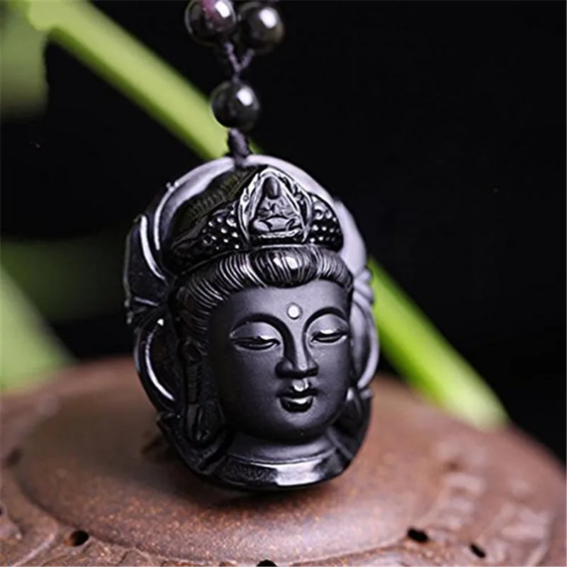 

Natural Obsidian Stone Carved Buddha Head Mercy Goddess Pendant Women Men's Amulet Lucky Jades Jewelry Pendants+Beads Necklace