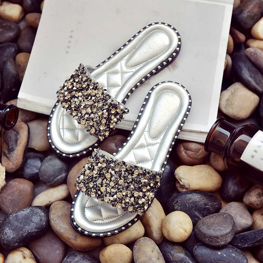 

Flat Slippers 2019 Summer Women Shoes Breathable Beach Slippers Flat with Black Silver Flip Flops Brand Slides Slippers 10
