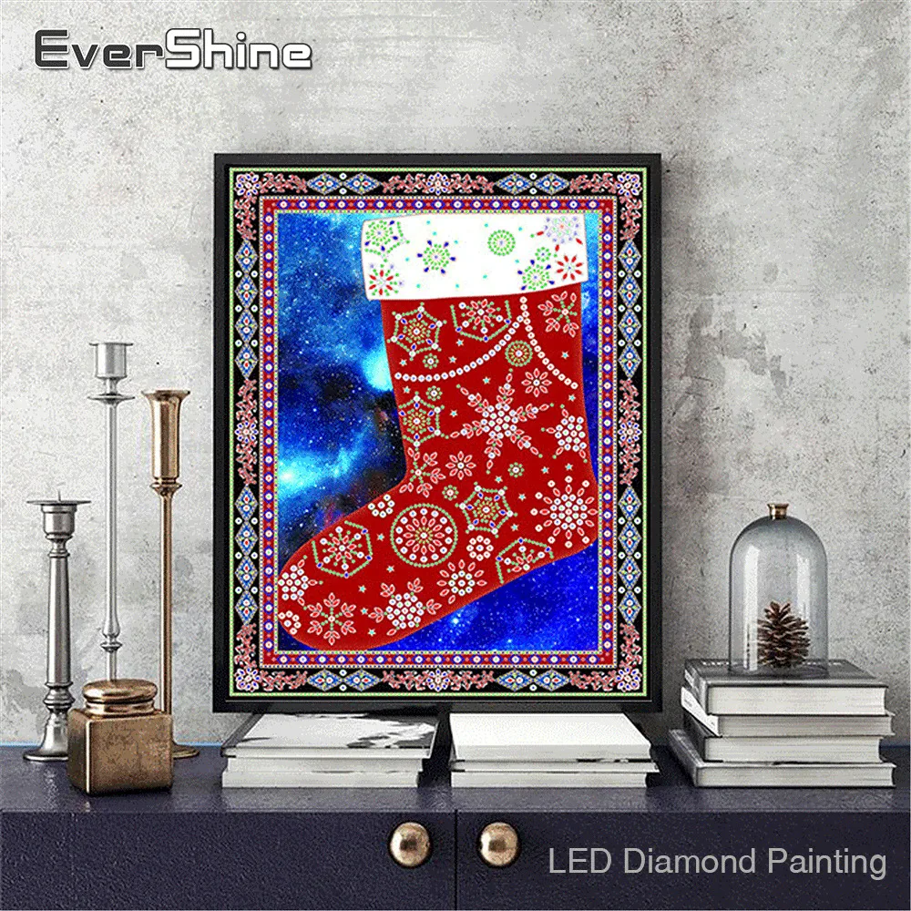 

EverShine LED Light Diamond Painting Christmas Diamond Embroidery Full Layout Sock Home Decor With Frame Round Drill Diamond Art