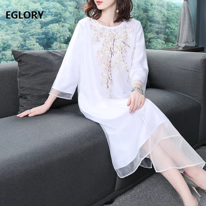 

Big Size Dress 2019 Spring Summer High Quality Brand Chinese Dress Women Organza Embroidery Mid-Calf Length White Yellow Dress
