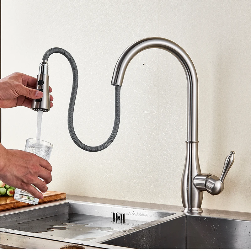 

Brushed Nickel Kitchen Faucets Silver Single Handle Single Hole Pull Out Single Hole Swivel Water