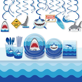 

Omilut Baby Shower Boy Shark Birthday Party Supplies Baby Shark Disposable Plates/Cups/Paper Tablecloth Supplies Decor