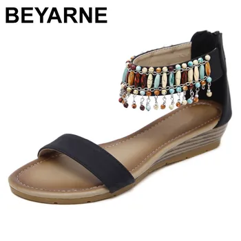 

BEYARNE Women Ethnic Bohemia Wedge Sandals Shoes Woman String Bead Beach Sandals Casual Gladiator Shoes size 35-42 Black Apricot
